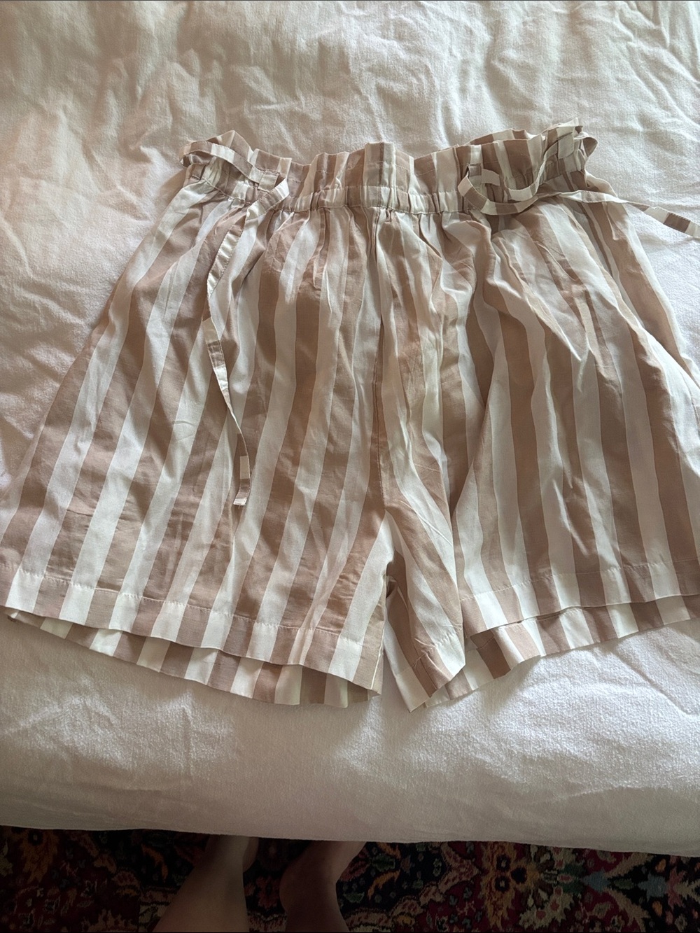 Striped High-Waist Paperbag Shorts in Beige and White